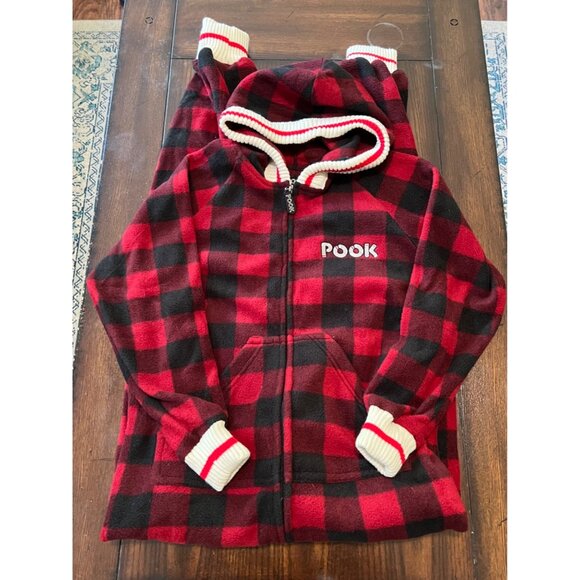 Pook Buffalo Check Plaid One Piece Zip Up Pajamas Red Black Fleece Women's XS - Picture 1 of 5